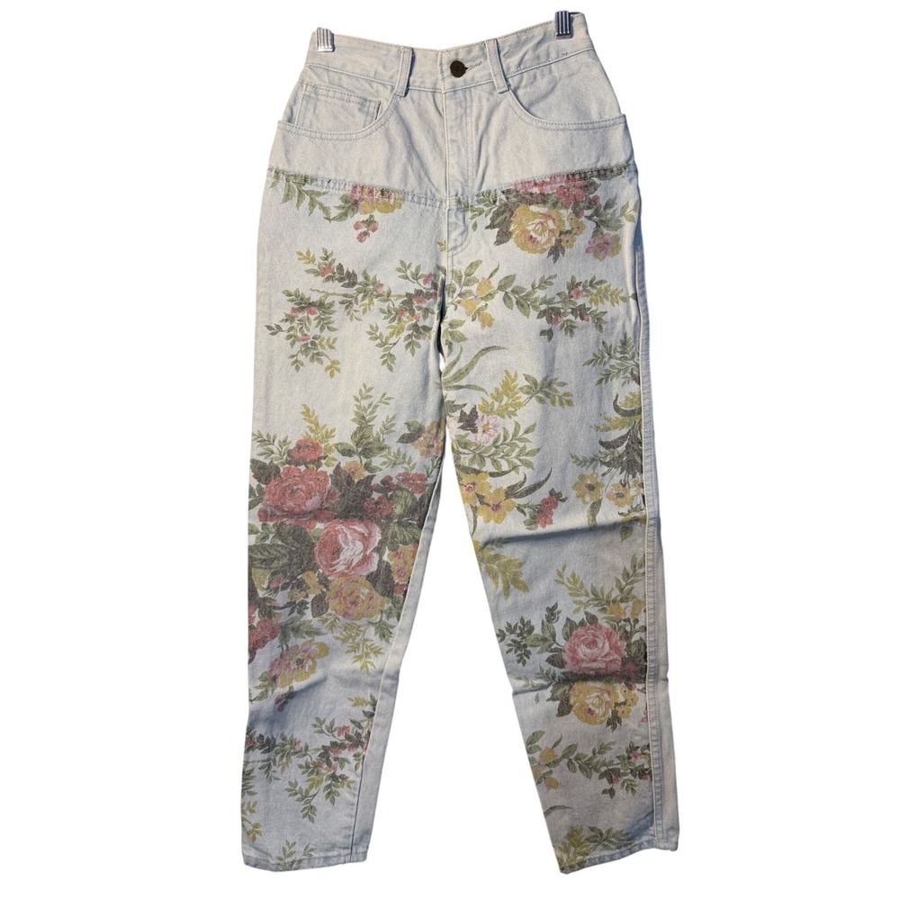 VTG Gasoline‎ Womens 4R Light Wash Floral Jeans Rose Print 90s Y2K Streetwear